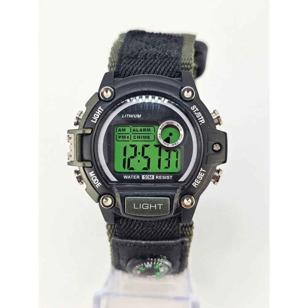 Men's Sports Digital Watch 46MM Black Green Nylon Band Compass New Battery